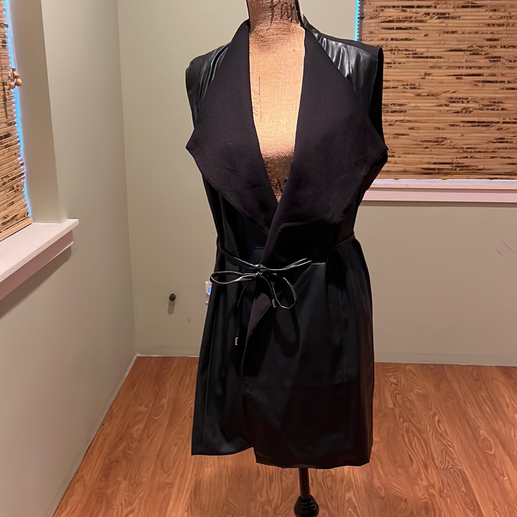 Fate Faux Long Leather Vest With Cotton Back And Tie Belt Size M